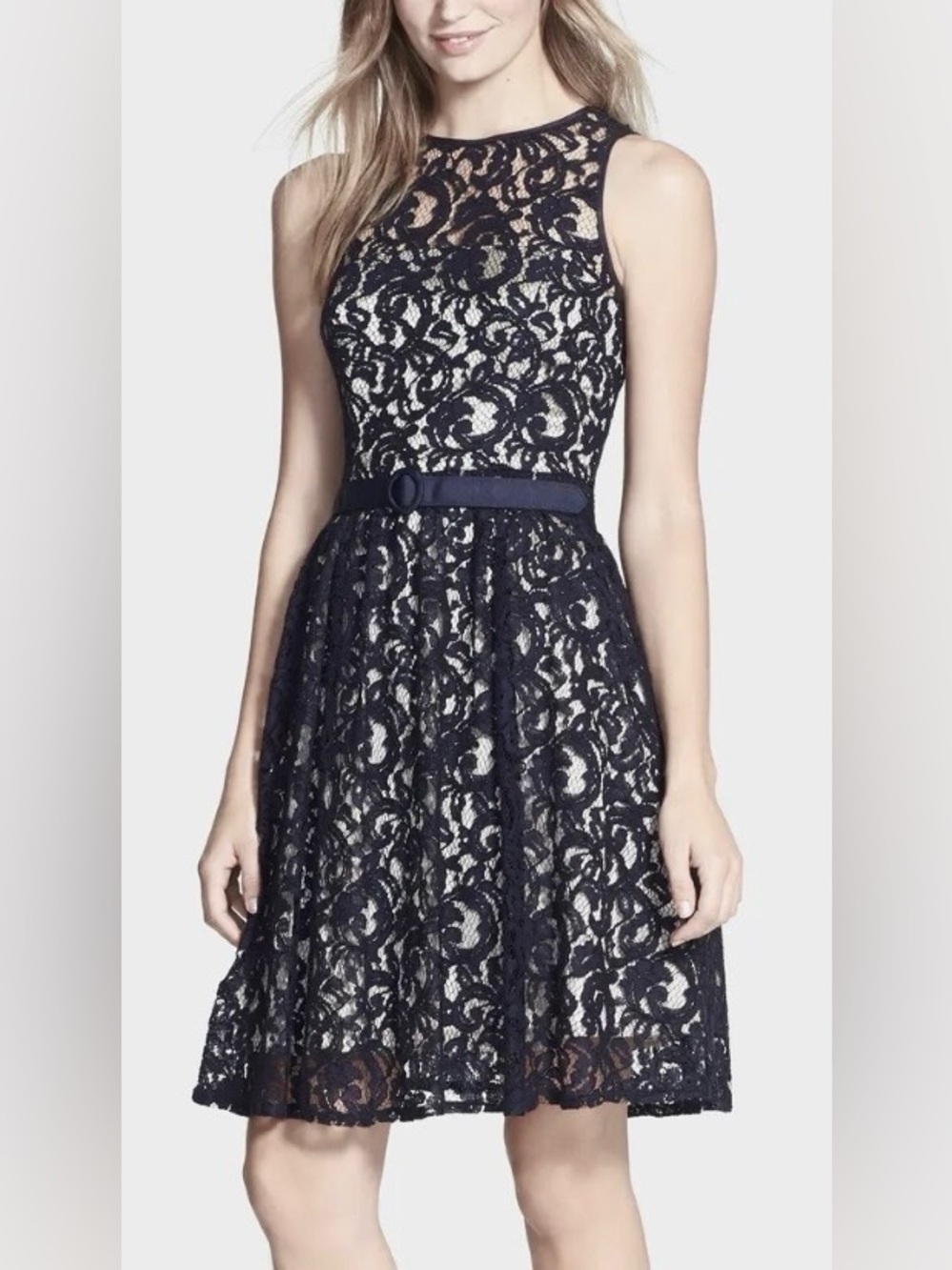 Eliza J lace fit-and-flare dress. Sleeveless belted. Midi. Built-in bra Black 12